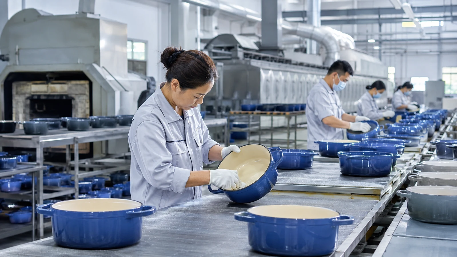 浙江三聪铸铁珐琅锅铸造打磨喷釉和烧成生产流程